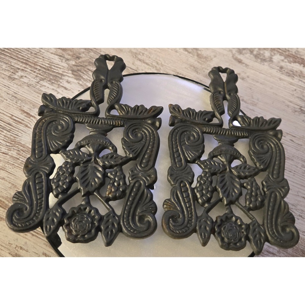 Set of 2 Vintage Cast Iron Trivets Floral Scrollwork Grape Rose Design 103 Black